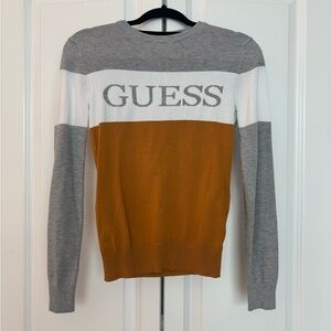 GUESS Gray, White, and Gold Crewneck Sweater